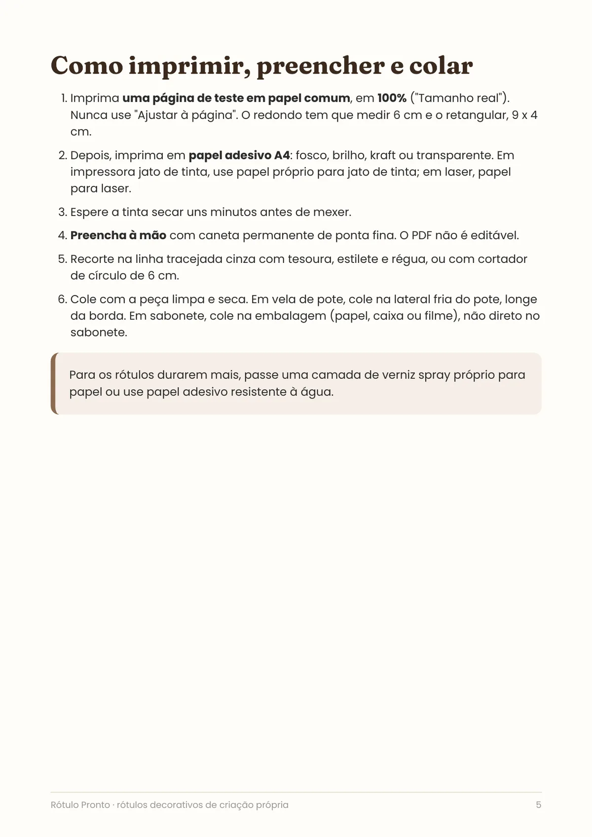 Página real do PDF Rótulo Pronto: como imprimir, preencher e colar